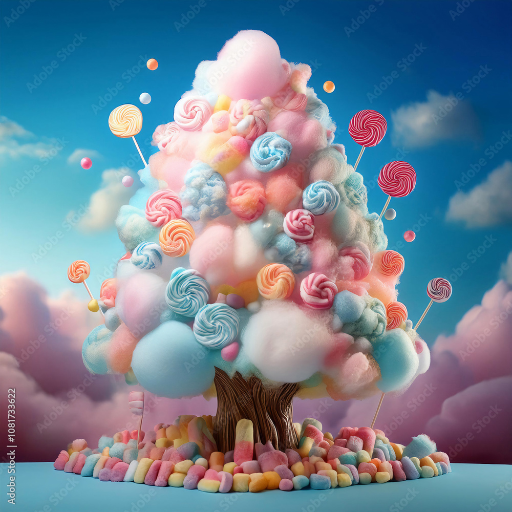 Poster a whimsical candy tree with a brown trunk, surrounded by a vibrant assortment of candy at its base.