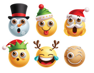 Christmas emoji characters vector set. Emoji christmas clip art character in amaze, naughty, wow, surprise, shy, blush, cry and happy facial expression. Vector illustration xmas emoticons collection. 