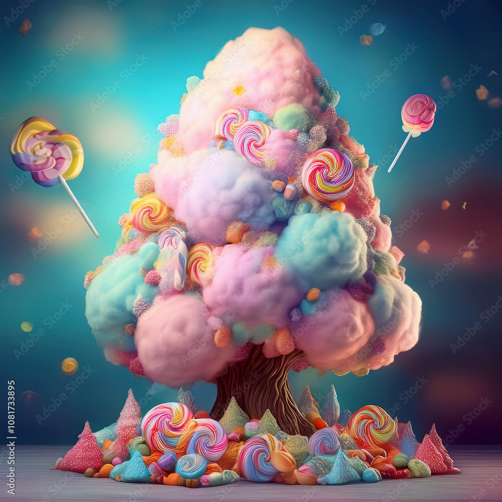 Poster A colorful, whimsical tree made of cotton candy and adorned with lollipops and candy.