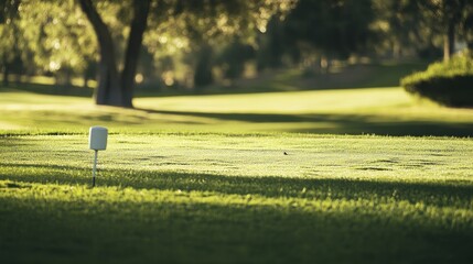 A golf course's tee box with the grass and tee marker details, outdoor setting with soft morning light, Textured style