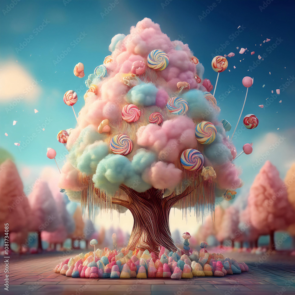 Poster a whimsical candy tree stands tall in a field of marshmallow-like clouds, with colorful lollipops an