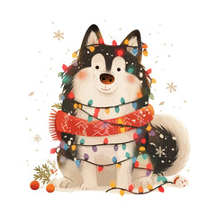 Christmas greeting card with cute cartoon siberian husky and christmas wreath. 