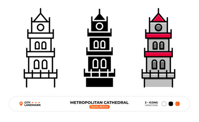 Metropolitan Cathedral Line Icon. Sucre Bolivia, Capital Color Symbol, Silhouette, Editable Stroke.
