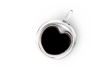 Heart shape glass cup with black coffee. Top view isolated on white or transparent background copy...