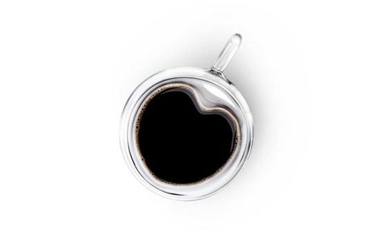 Heart shape glass cup with black coffee. Top view isolated on white or transparent background copy space - Powered by Adobe