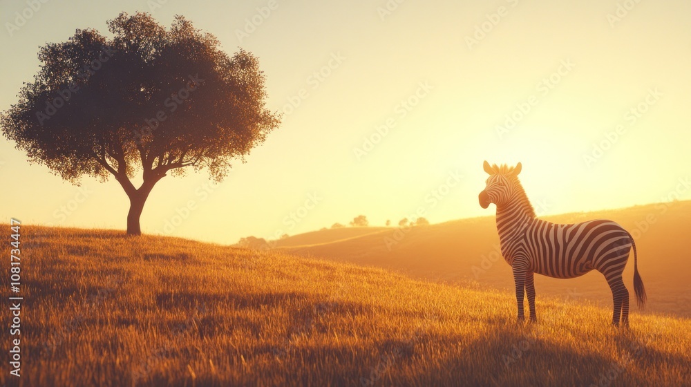 Poster a zebra stands in a sunlit field next to a lone tree, creating a serene landscape.
