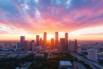 Fototapeta premium Stunning cityscape with skyscrapers at sunset