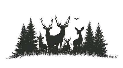 Silhouettes of Deer in the Forest