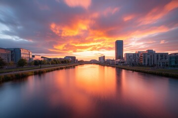 Fototapeta premium Breathtaking sunset over a modern city skyline and waterway