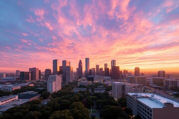 Obraz premium Breathtaking sunset over the modern skyscrapers of a bustling city skyline
