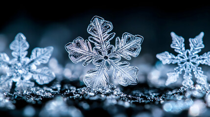 Intricate Ice Crystals Resting on a Dark Surface, Illuminated with a Dramatic Backlight