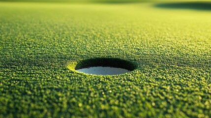A golf green with a detailed focus on the putting green texture and hole, outdoor setting with early morning light, Refined style