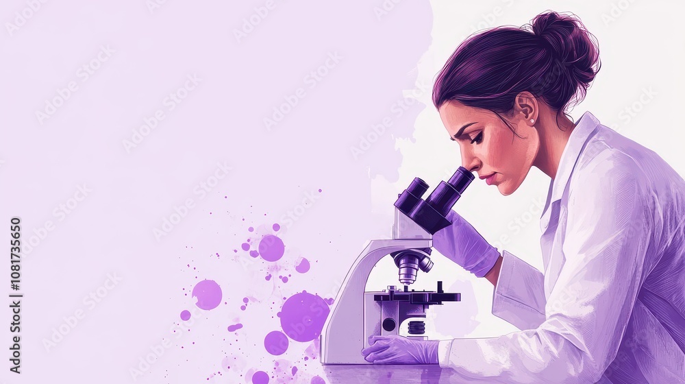 Poster woman scientist using a microscope. this photo can be used for presentations or articles about scien