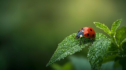 Obraz premium Close-up macro photograph of a ladybug resting on a dewy green leaf, showcasing vibrant colors and detailed textures in a natural setting.