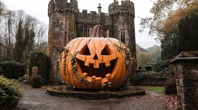 Halloween labu lattern dengan medieval castle di latar belakang 