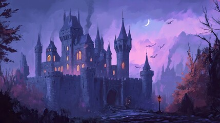 Halloween labu lattern dengan medieval castle di latar belakang 