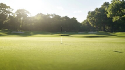 Obraz premium A golf green with a focus on the flagstick and grass texture, outdoor setting with natural lighting, Elegant style