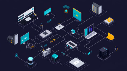 Fototapeta premium A visual map showing interconnected digital platforms, vendors, and partners collaborating within a seamless business ecosystem, optimizing supply chains and operations