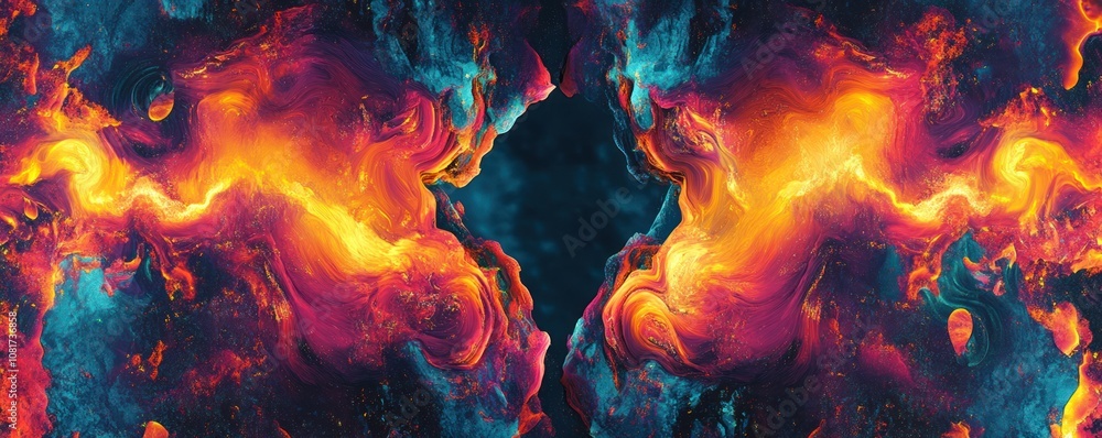 Poster a vibrant cosmic scene with swirling colors and textures resembling a nebula.