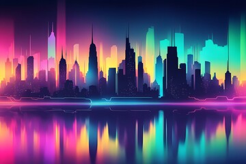 Fototapeta premium Futuristic cityscape silhouette blurred into colorful gradients with neon reflections, AI Generated