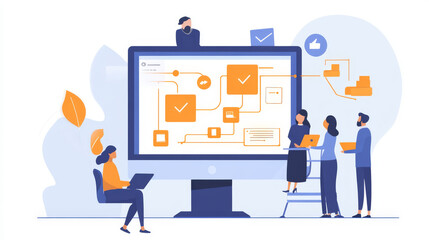 A consulting team presenting IT solutions to a client, using flowcharts and technical blueprints for better understanding