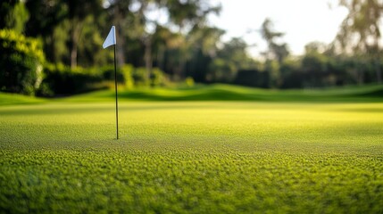 Obraz premium A golf green with a focus on the grass and hole, outdoor setting with natural daylight, Elegant style