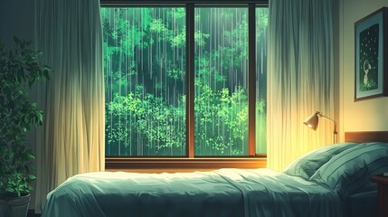 Lofi bedroom with rainy view through large window in the style of anime