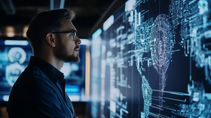 Fototapeta premium An AI ethics consultant auditing IT systems to identify potential risks related to automation and user data, ensuring compliance with global standards