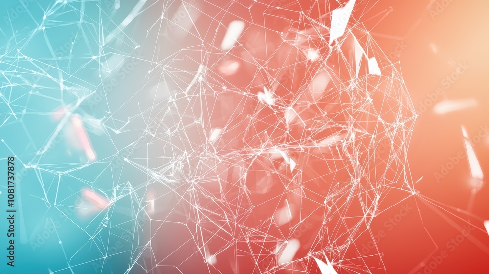 Poster a vibrant digital network design featuring interconnected lines and nodes in blue and red hues, symb