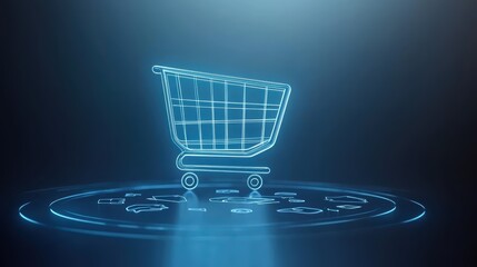 A futuristic digital shopping cart design, illuminated in blue, representing e-commerce technology and modern retail concepts.