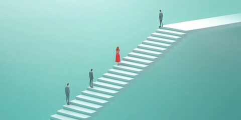Fototapeta premium Business Progress Illustration with Figures on White Staircase Against Teal Background