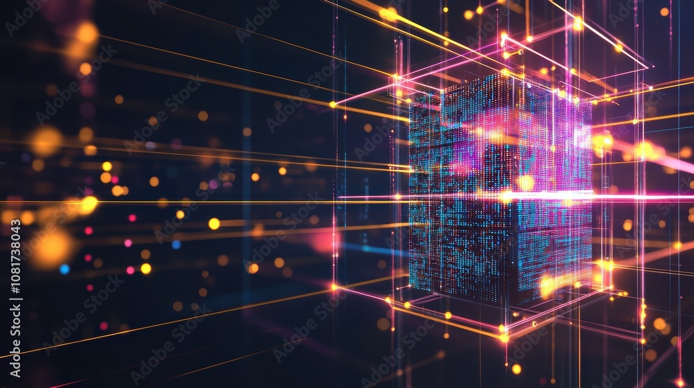 Poster a vibrant, digital landscape showcasing futuristic data connections, with glowing particles and abst