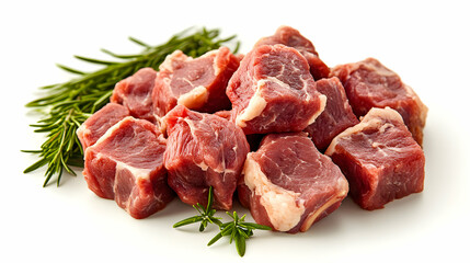Raw Beef Cubes Garnished with Rosemary Sprigs, Ready for Cooking