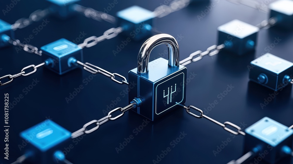 Poster a digital illustration of interconnected locks symbolizing cybersecurity and data protection in a ne