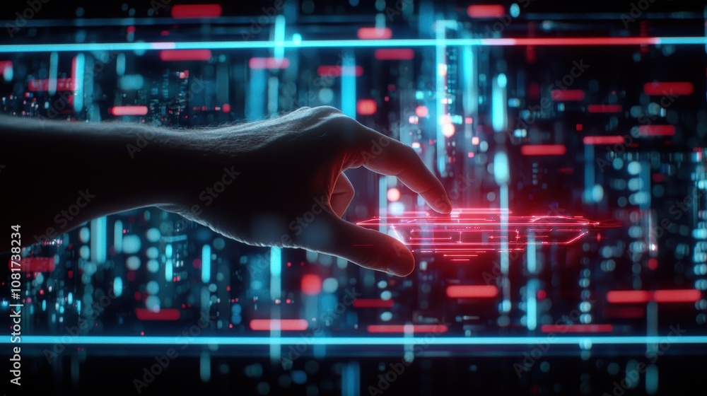 Poster a futuristic hand reaches for glowing digital elements in a neon-lit environment, symbolizing techno