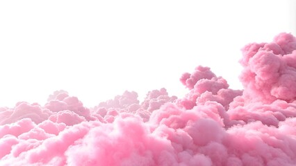 An artistic view of fluffy pink clouds resembling cotton candy creates a dreamy ethereal scene with pastel colors and soft textures against a bright white backdrop.