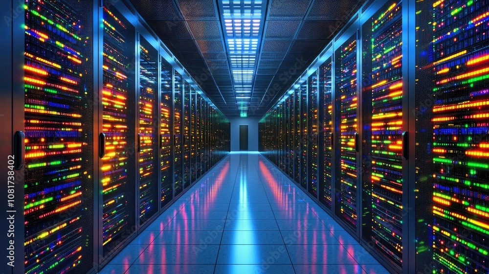 Aufkleber server room with rows of illuminated racks.
