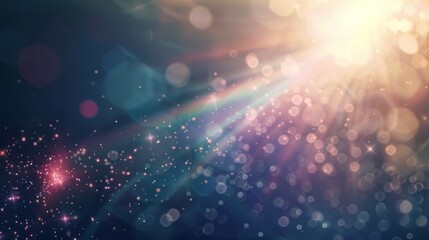 A vibrant display of colorful light reflections and sparkling particles against a deep blue backdrop creates a mesmerizing atmosphere