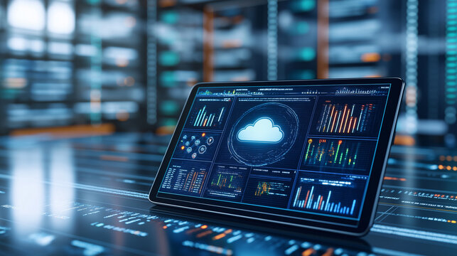 Tablet with a holographic display of a cloud computing.