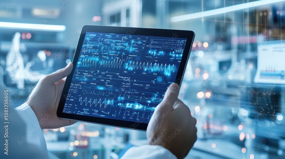 Poster a scientist analyzes digital data on a tablet in a modern laboratory, showcasing advanced technology
