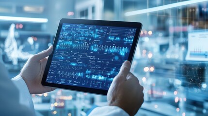 A scientist analyzes digital data on a tablet in a modern laboratory, showcasing advanced technology and research.