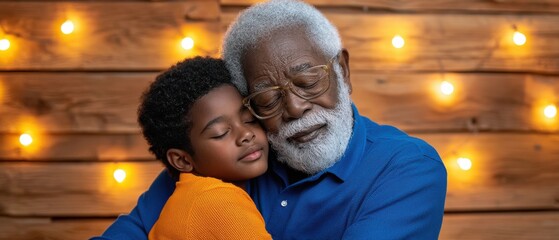 Obraz premium A tender moment shared between a grandparent and grandchild, embracing each other against a backdrop of warm lights and wooden texture.