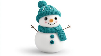 Fototapeta premium Cheerful snowman wearing a teal knit hat and scarf