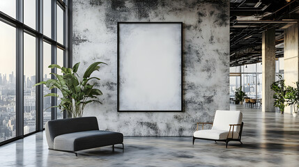 Modern Industrial Loft Interior Design with Large Blank Canvas Mockup, Featuring Concrete Wall, City View, and Minimalist Furniture.