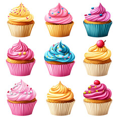 Colorful assortment of decorated cupcakes arranged in a grid pattern, showcasing various frosting designs and toppings for a festive dessert display