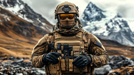 Naklejka premium A soldier stands vigilant, armed and armored, in a mountainous terrain, a dramatic backdrop of snow-capped peaks accentuating his readiness.