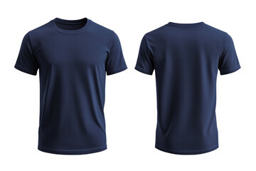 two plain navy blue t-shirts for a mockup with a transparent background. Front and back view