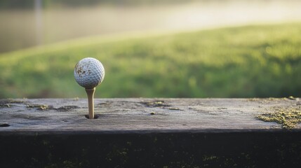 A golf tee with a focus on the wooden texture, outdoor setting with morning mist, Vintage style