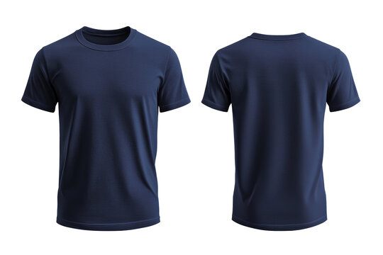 two plain navy blue t-shirts for a mockup with a transparent background. Front and back view
