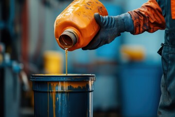 A worker pours oil into a container. This photo illustrates the process of oil change, a crucial maintenance task for vehicles and machinery.